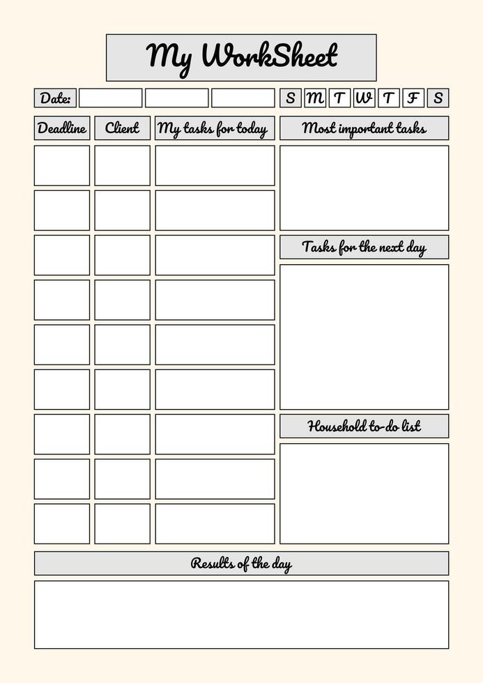 Organized daily worksheet template with task sections for deadlines, priorities, household to-dos, and results tracking. vector