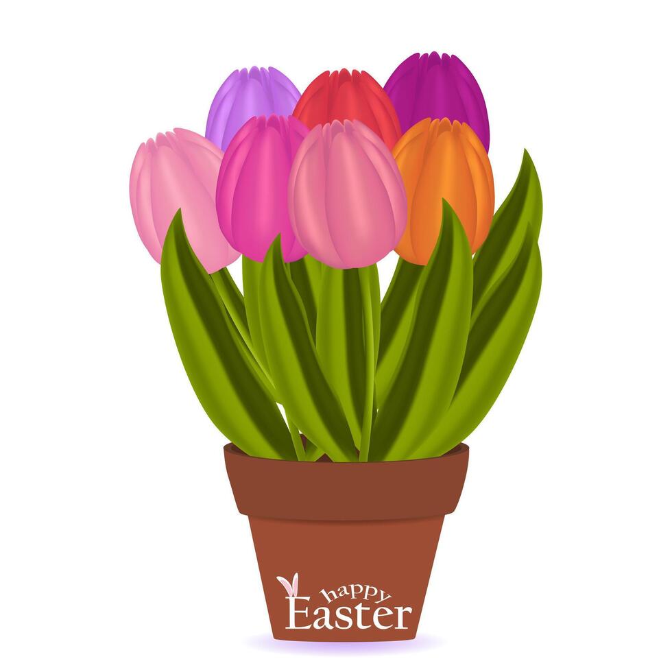 A vibrant tulip bouquet in a flower pot with - Happy Easter - text. A festive spring floral decoration, perfect for greeting cards and holiday designs. vector