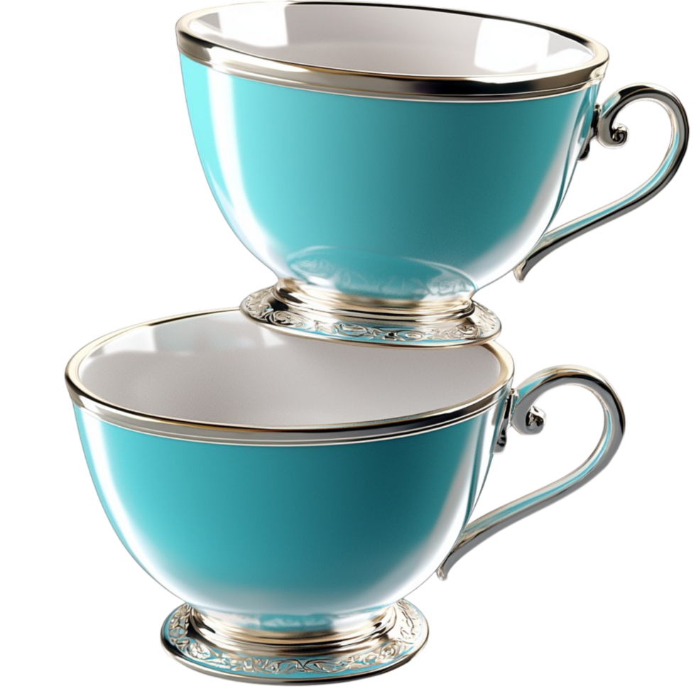 turquoise teacups with golden rims and handles png