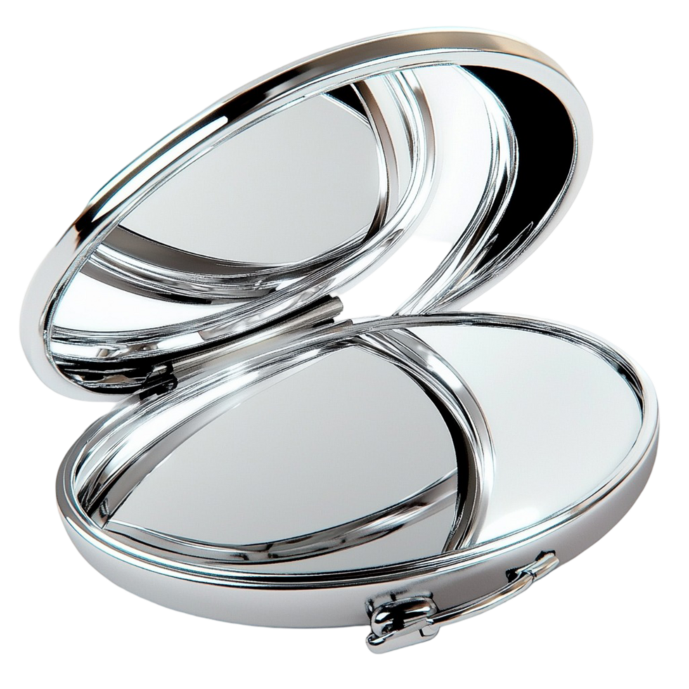 Sleek and shiny silver compact mirror with a and design png