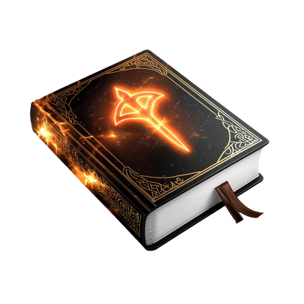 Magical ancient spellbook with a glowing fiery on its cover png