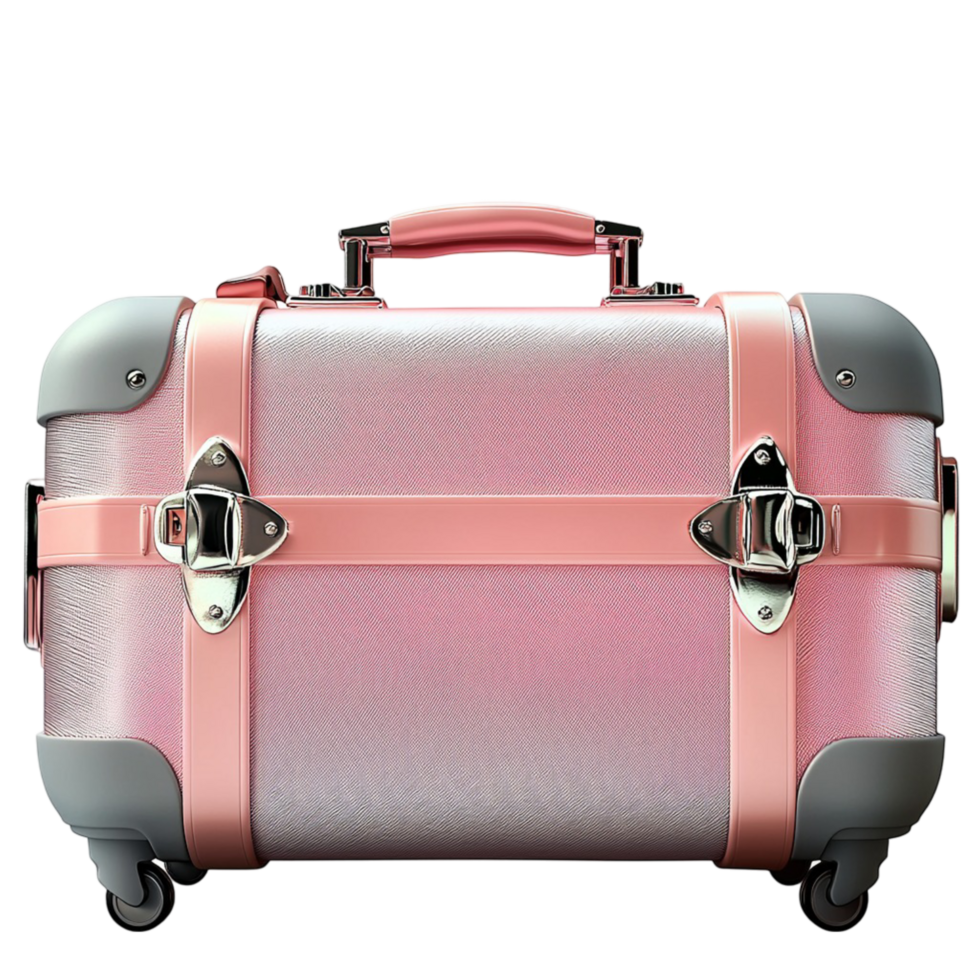 Chic pink and silver travel suitcase with locks and a handle png