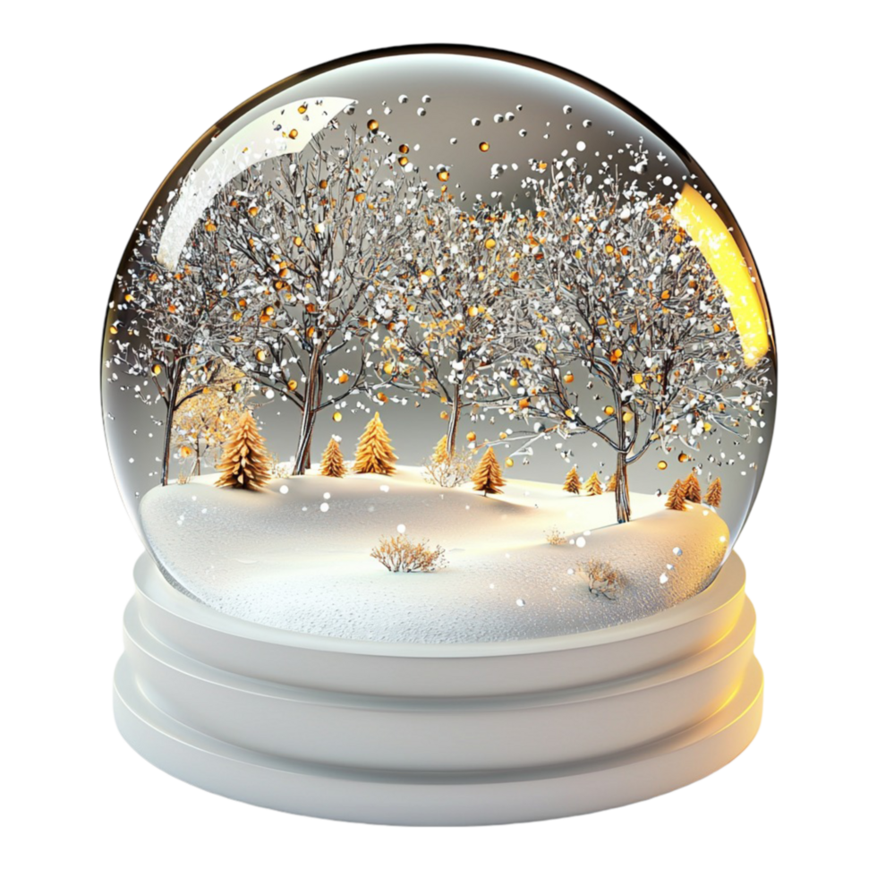 Enchanting snow globe with golden trees and a winter wonderland scene png