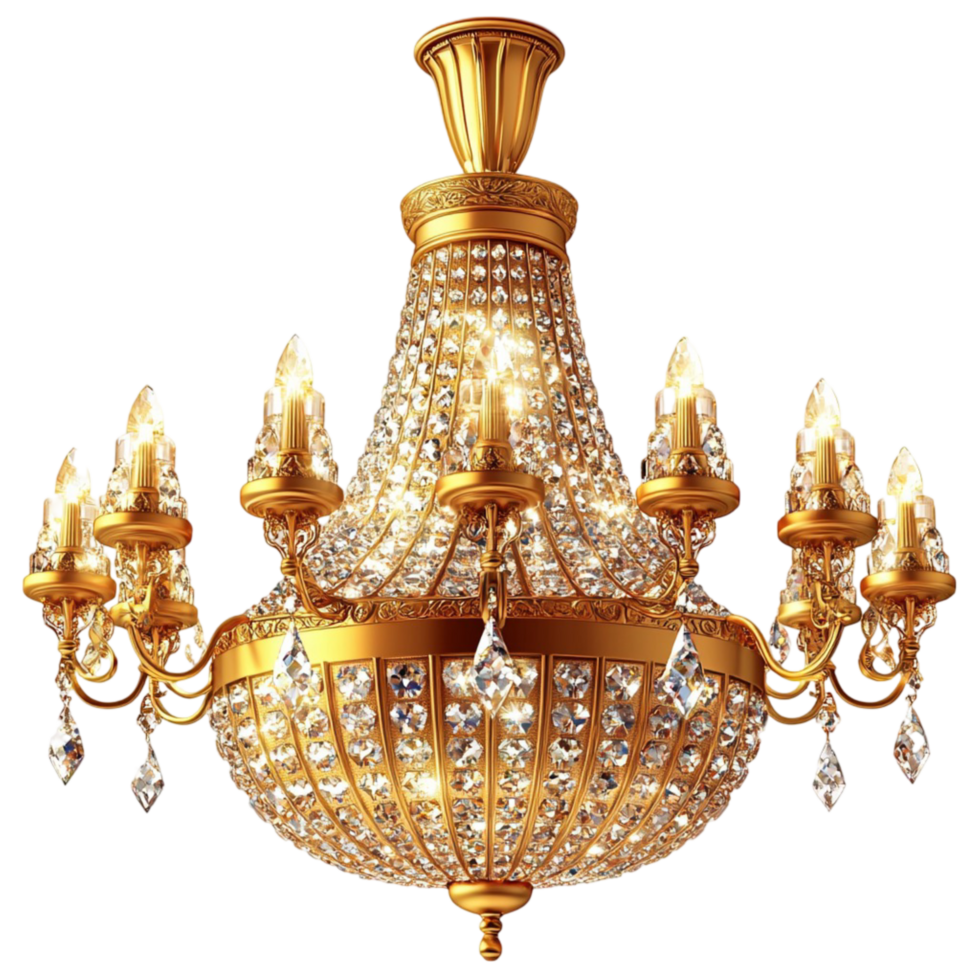 Magnificent golden chandelier with multiple candle shaped lights png