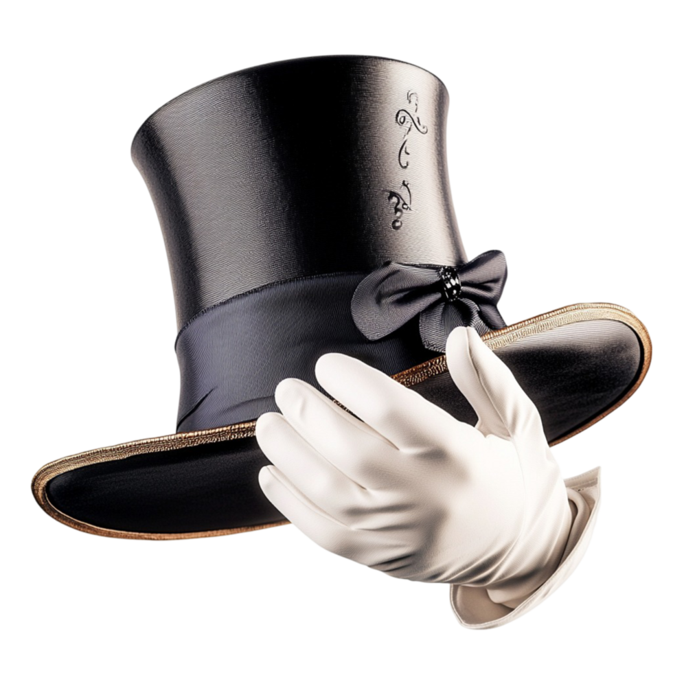black top hat with a white glove floating beside it png