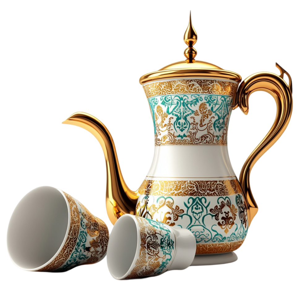 Stunning golden and turquoise tea set with intricate floral motifs and craftsmanship png