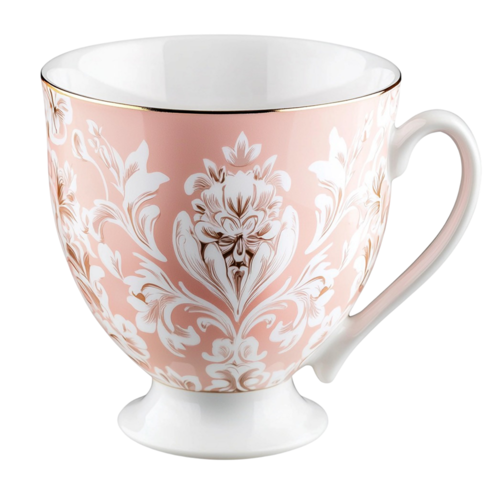 porcelain teacup with a pink floral pattern and intricate white detailing png