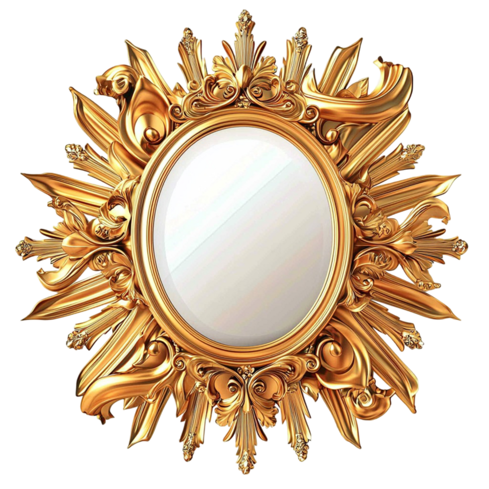 Ornate golden mirror with an elaborate sunburst frame and royal elegance png
