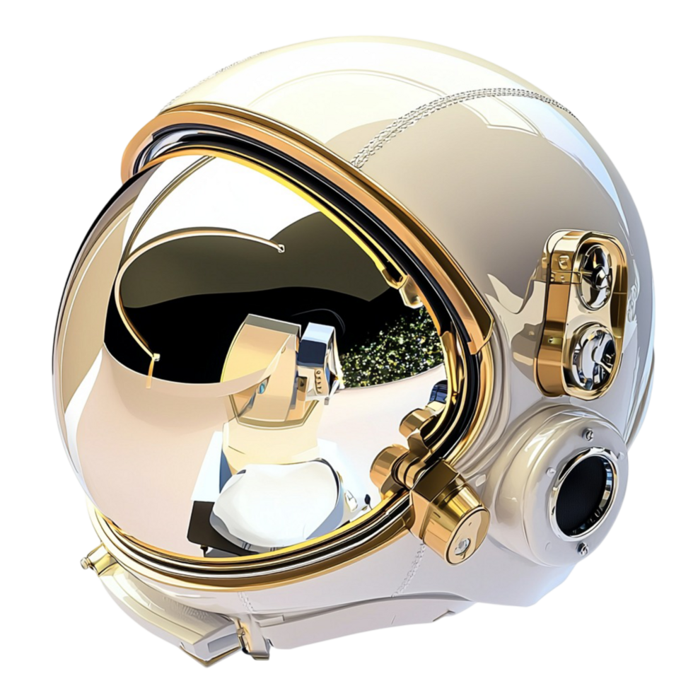 Futuristic golden astronaut helmet with a reflective visor and intricate details png