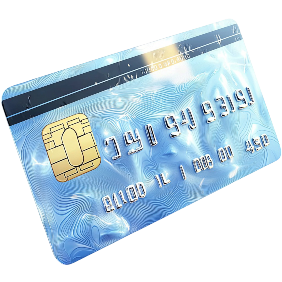 blue credit card with an embossed chip and futuristic design png