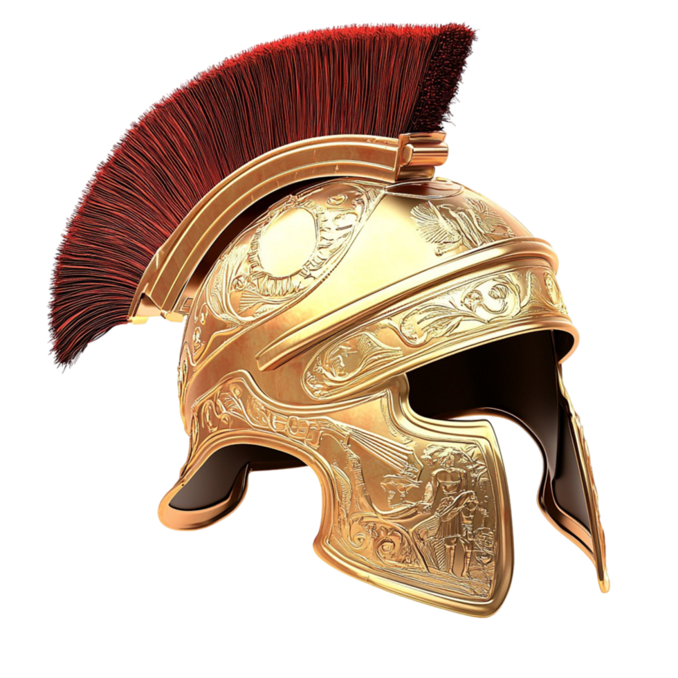 Ancient Roman warrior helmet with an ornate golden design and a striking red plume png