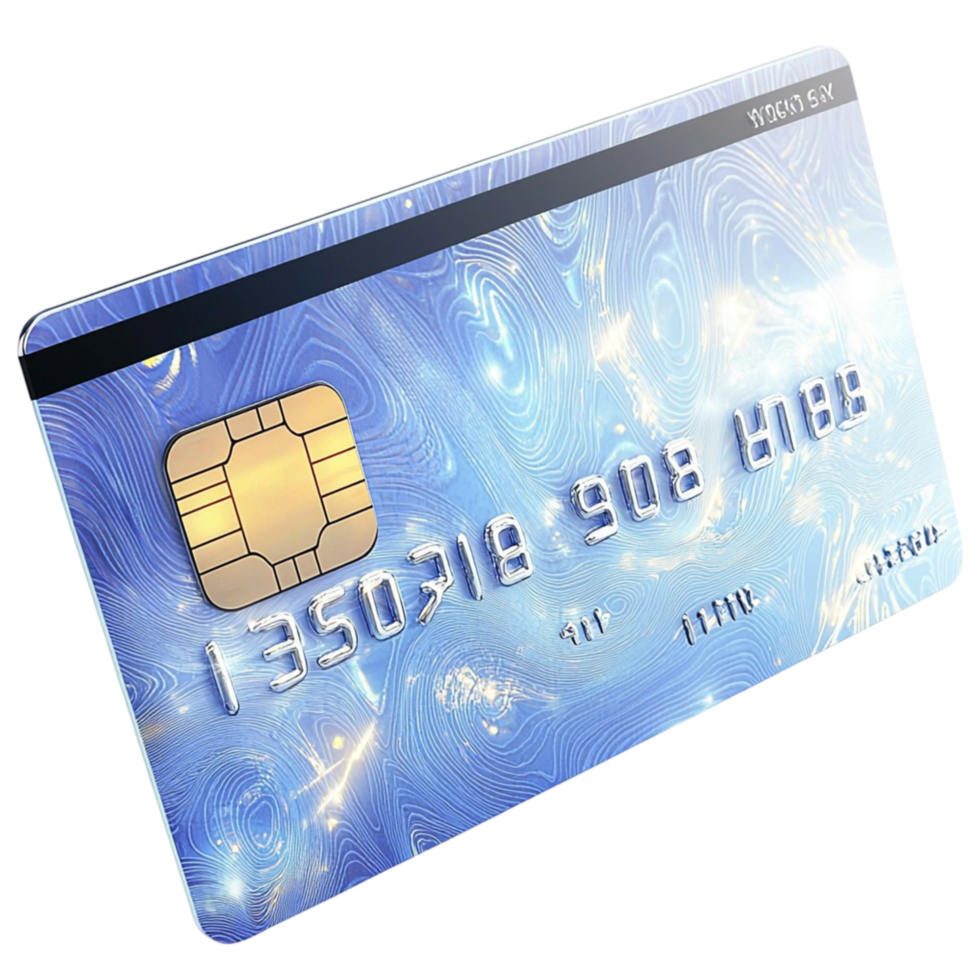 Shiny blue credit card with an embossed chip and futuristic design png