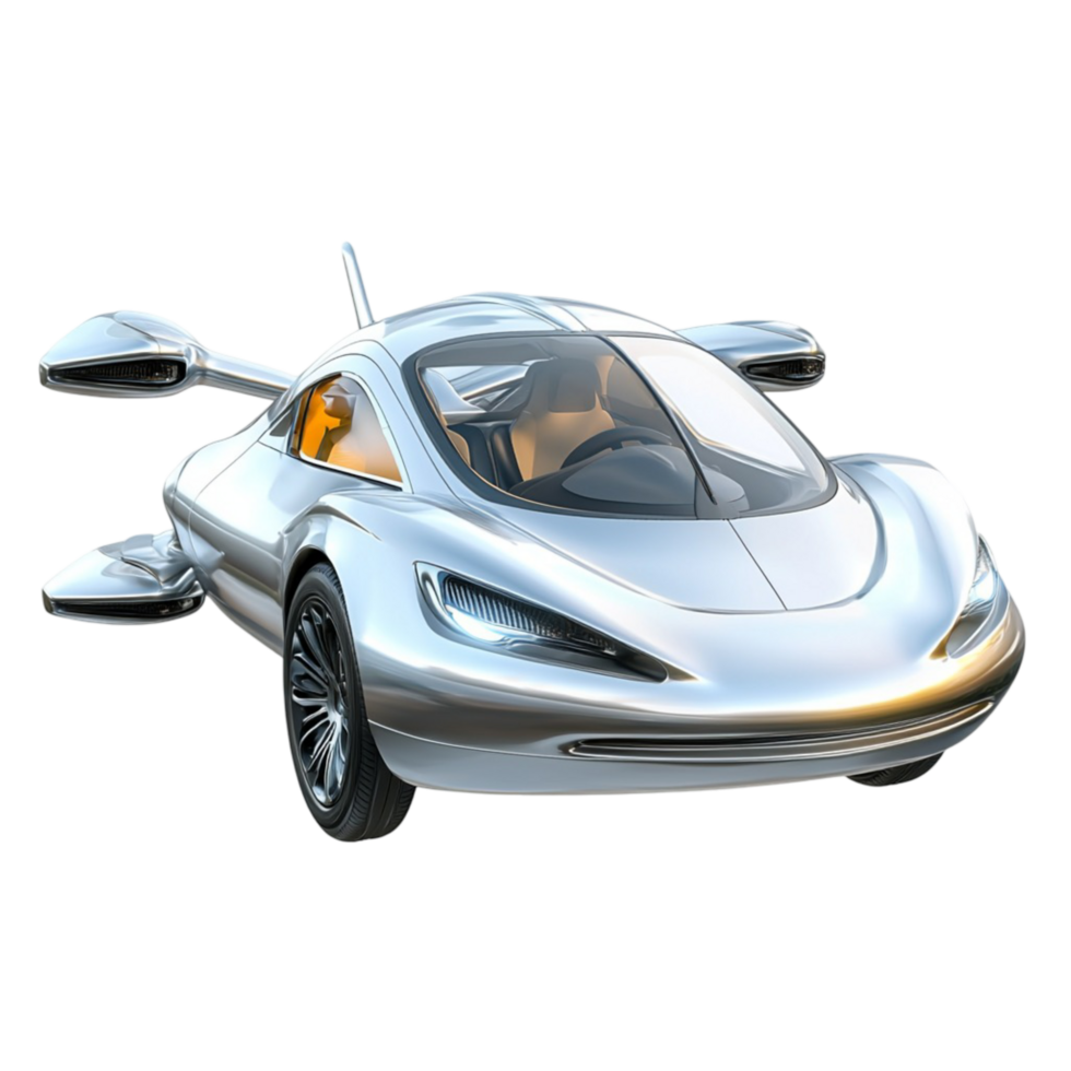 Futuristic silver flying car with sleek aerodynamic design and technology png