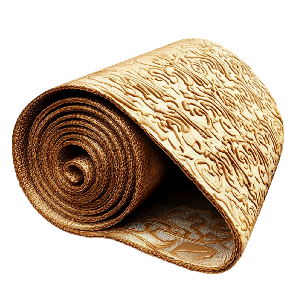 ly rolled golden rug with ornate patterns and luxurious fabric png