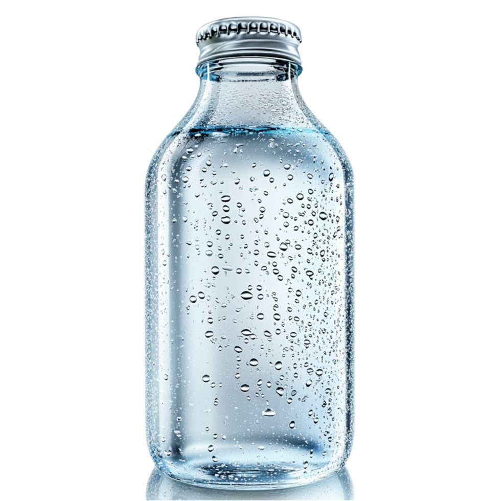 Crystal clear glass bottle filled with sparkling water and tiny bubbles png