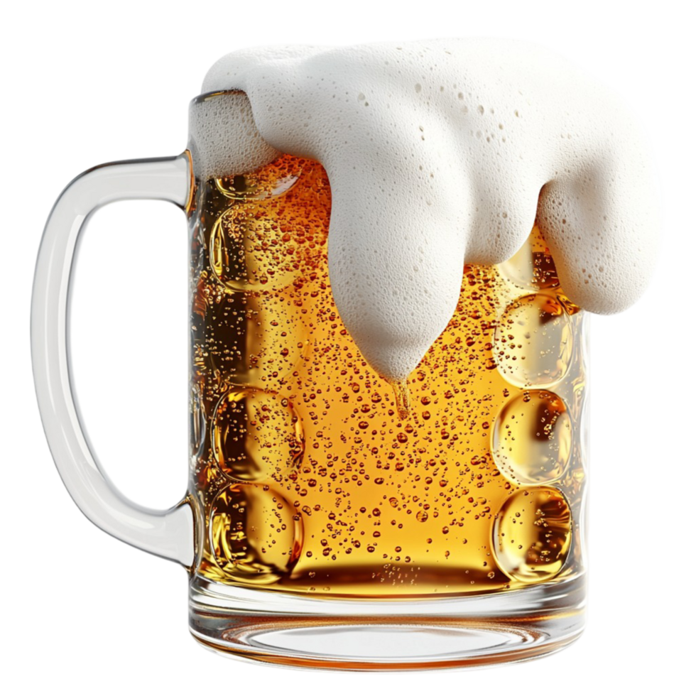 Large glass mug filled with frothy golden beer and reing bubbles png