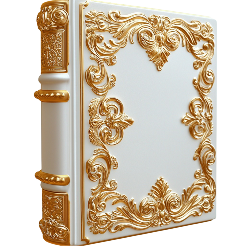 Luxurious ornate book with golden carvings and a white hardcover png
