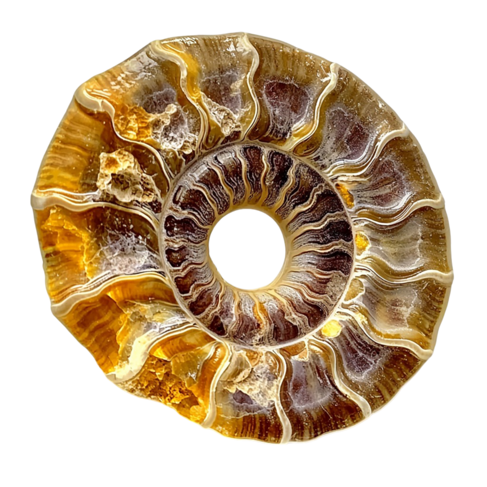 Stunning polished ammonite fossil with intricate golden brown spiral patterns png