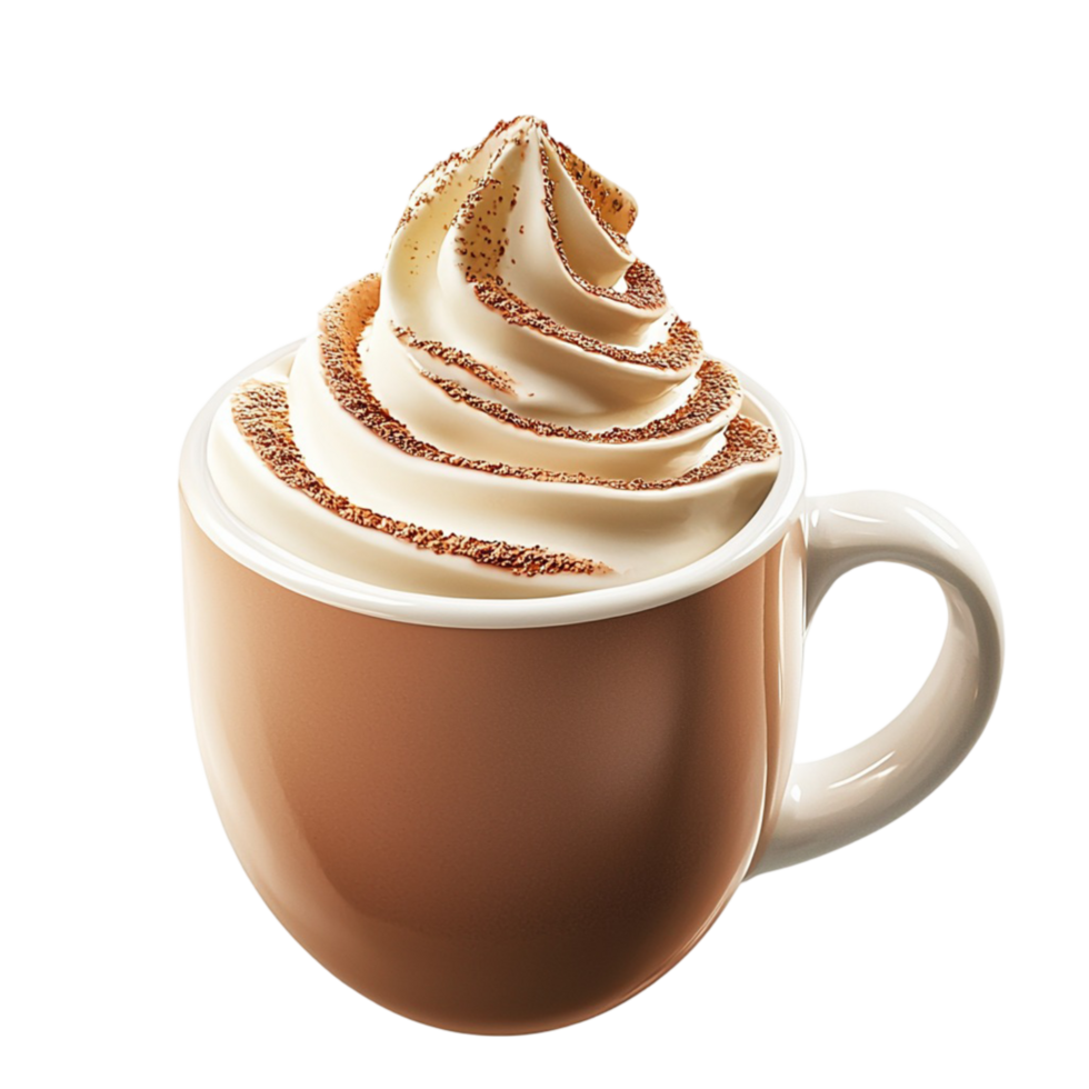 Creamy hot chocolate in a white mug topped with whipped cream and cocoa powder png