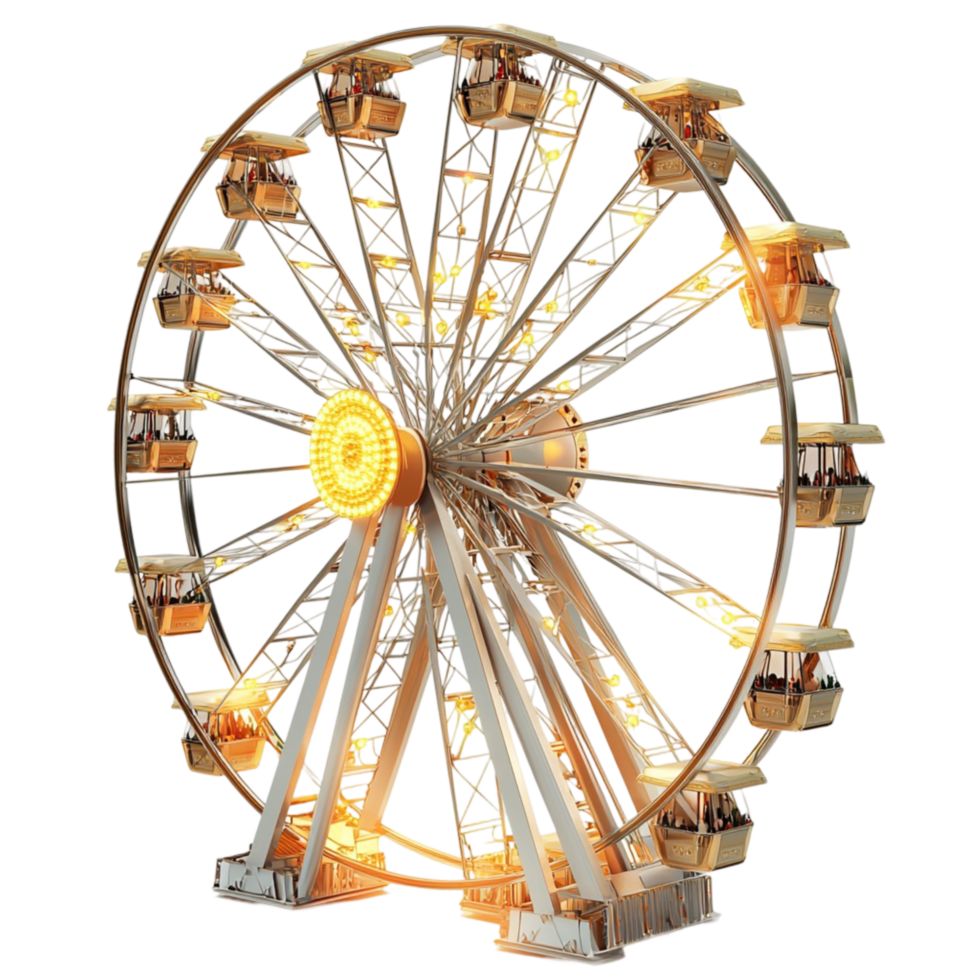 Grand Ferris wheel with glowing golden lights and detailed mechanical structure png