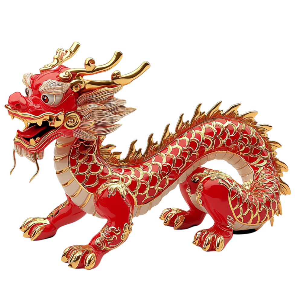 Majestic red dragon figurine with golden details and an intense fierce expression png