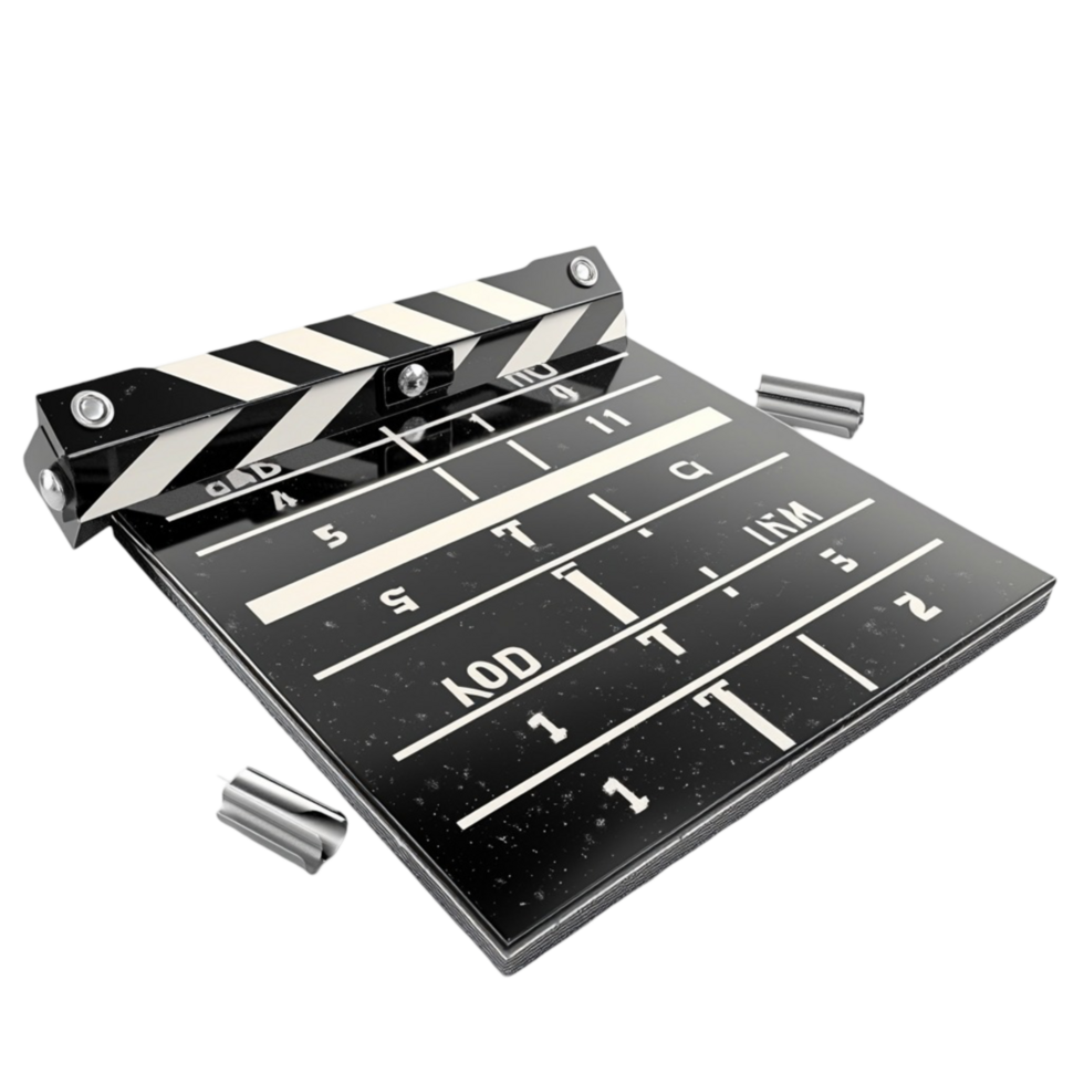 Black and white film clapperboard with movie production details png