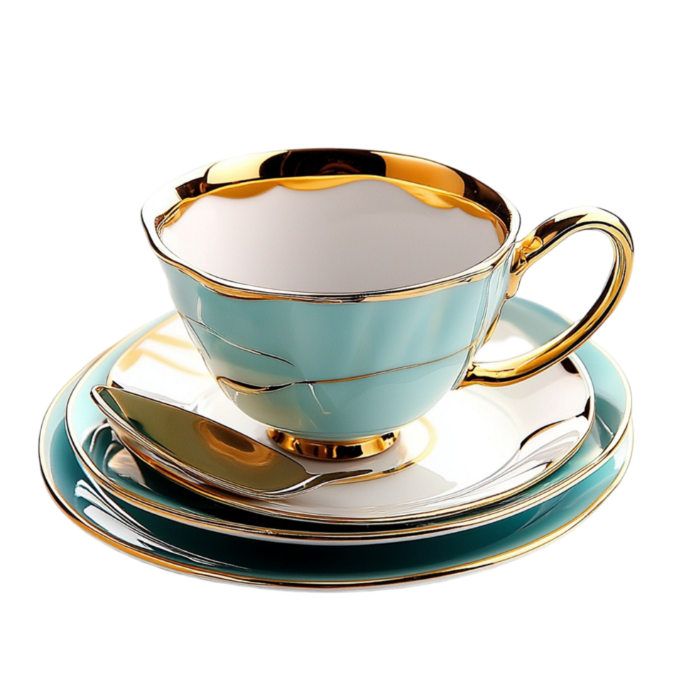 Luxurious tea cup and saucer set with gold detailing png