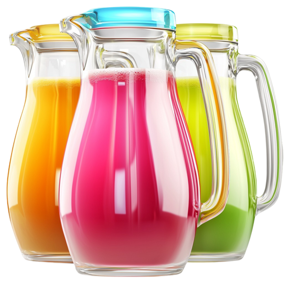 Reing fruit juices in glass pitchers png