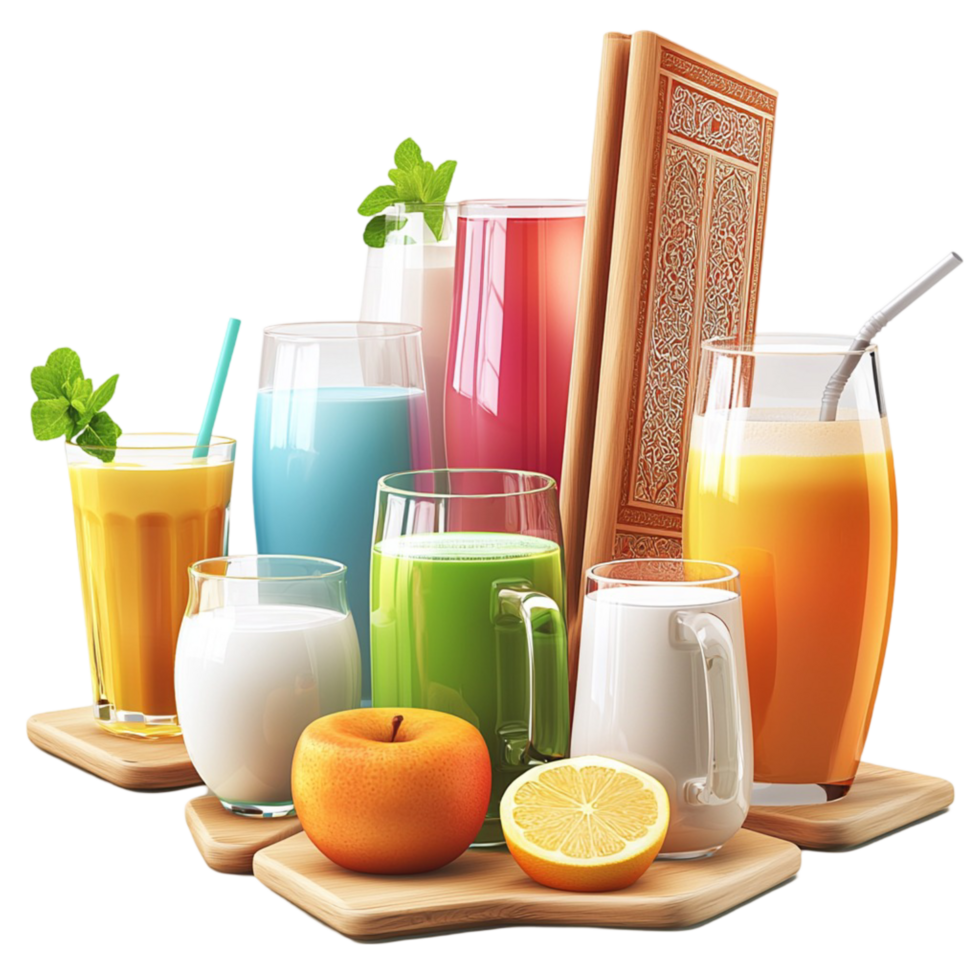 Reing assortment of fruit juices with a wooden tray png
