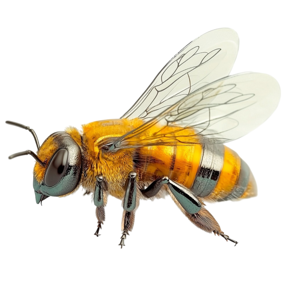 Detailed honey bee with translucent wings and a fuzzy golden body png