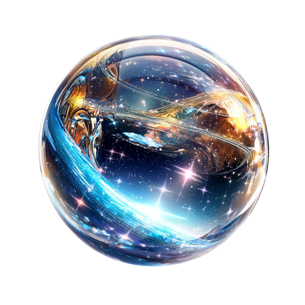 Mesmerizing glass sphere with a swirling cosmic galaxy reflection png