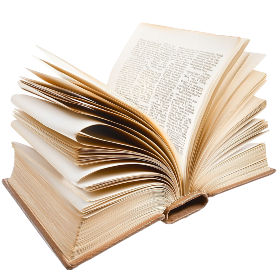 Open hardcover book with flipping pages and intricate text png