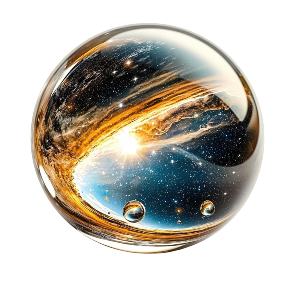 Glass sphere with a mesmerizing cosmic galaxy reflection png