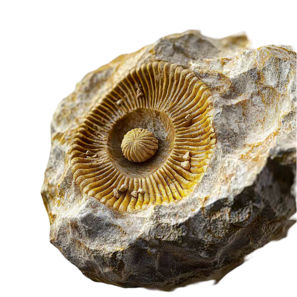 Fossilized ammonite embedded in a rugged textured rock png