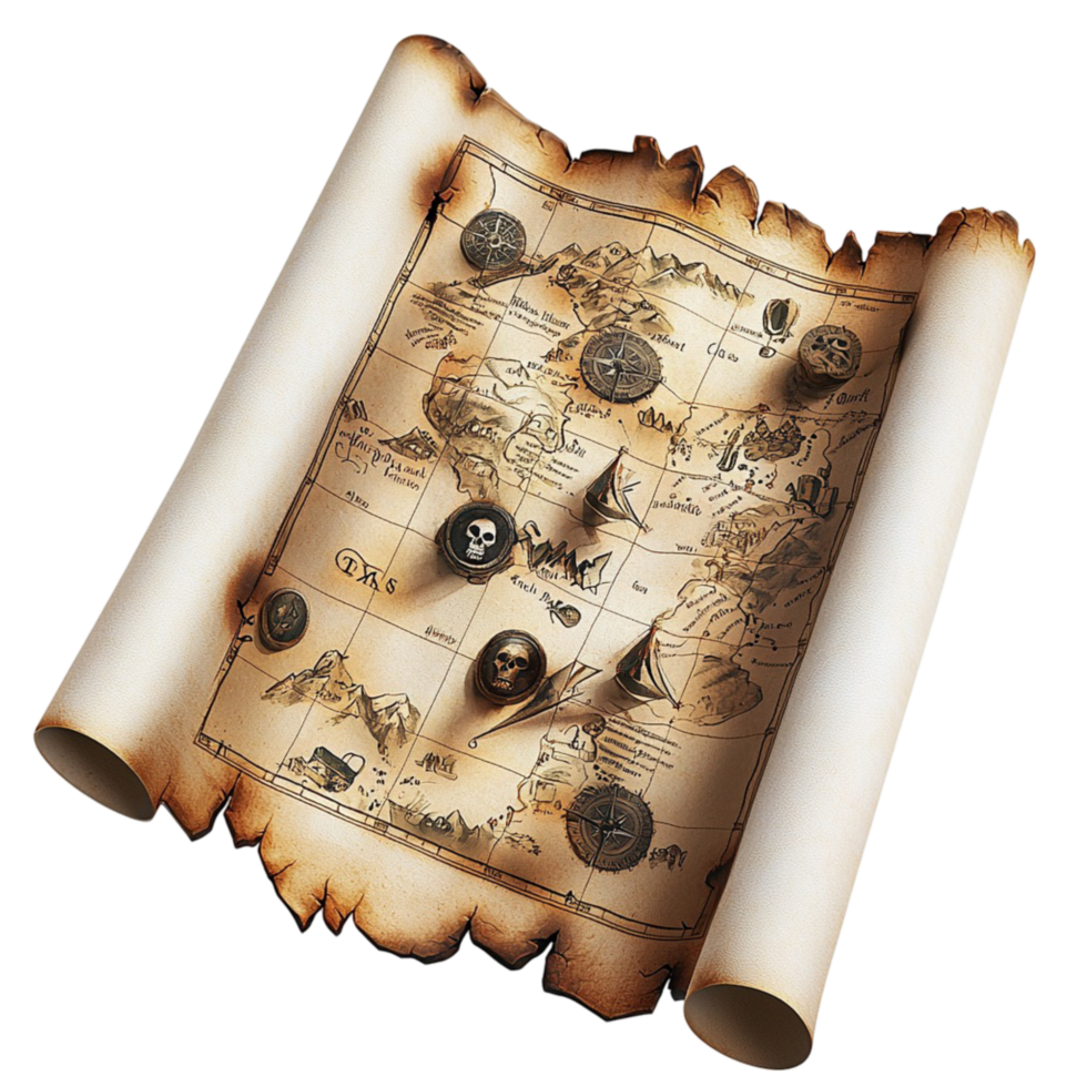 Mysterious old parchment map with marked locations and routes png