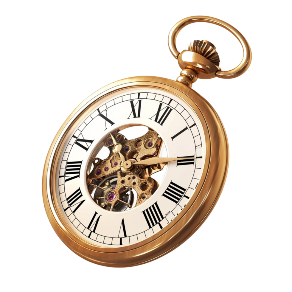 Luxurious golden pocket watch with visible inner mechanical gears png