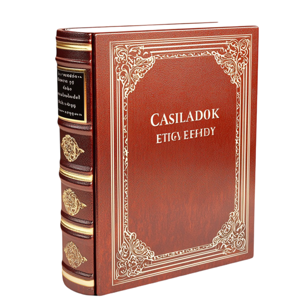 Large bound book with intricate gold detailing on the cover png