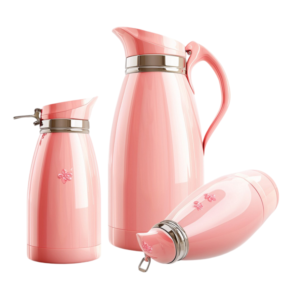 Set of pink thermoses and bottles with a floral design png
