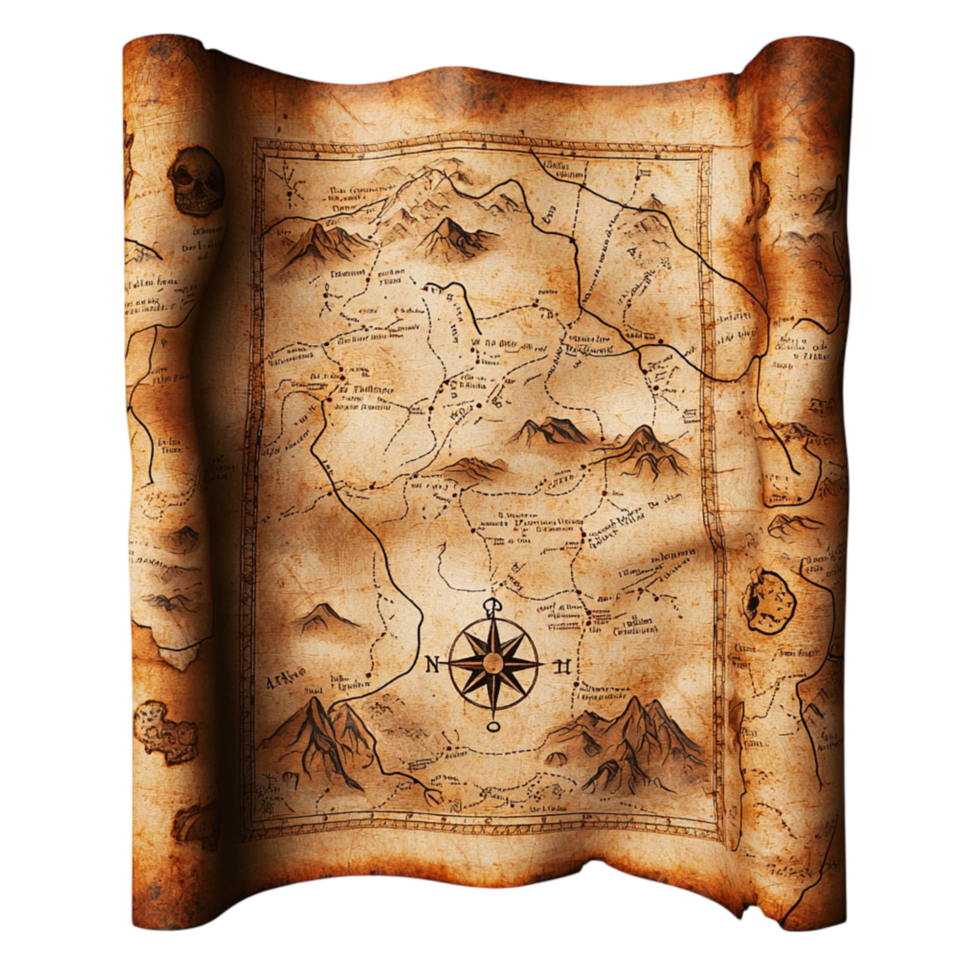 Ancient treasure map with burnt edges and intricate markings png