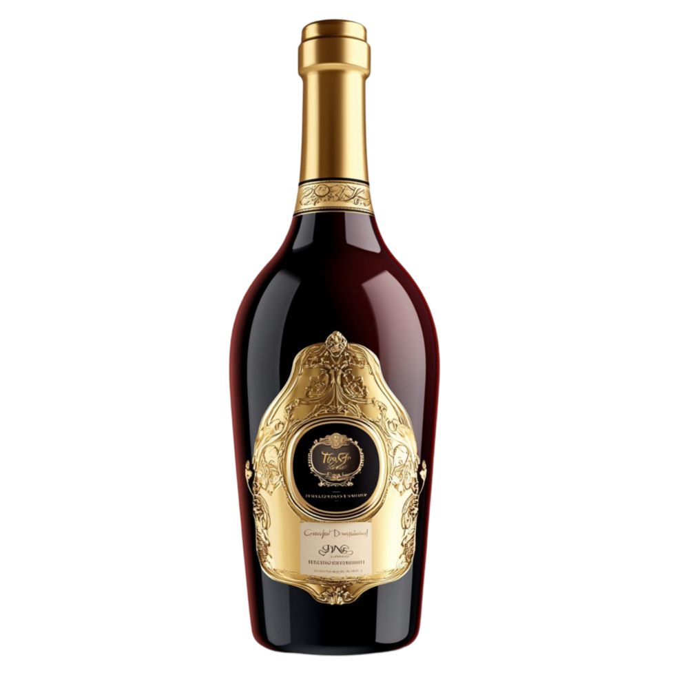 rk glass bottle of vintage wine with an intricate gold label png