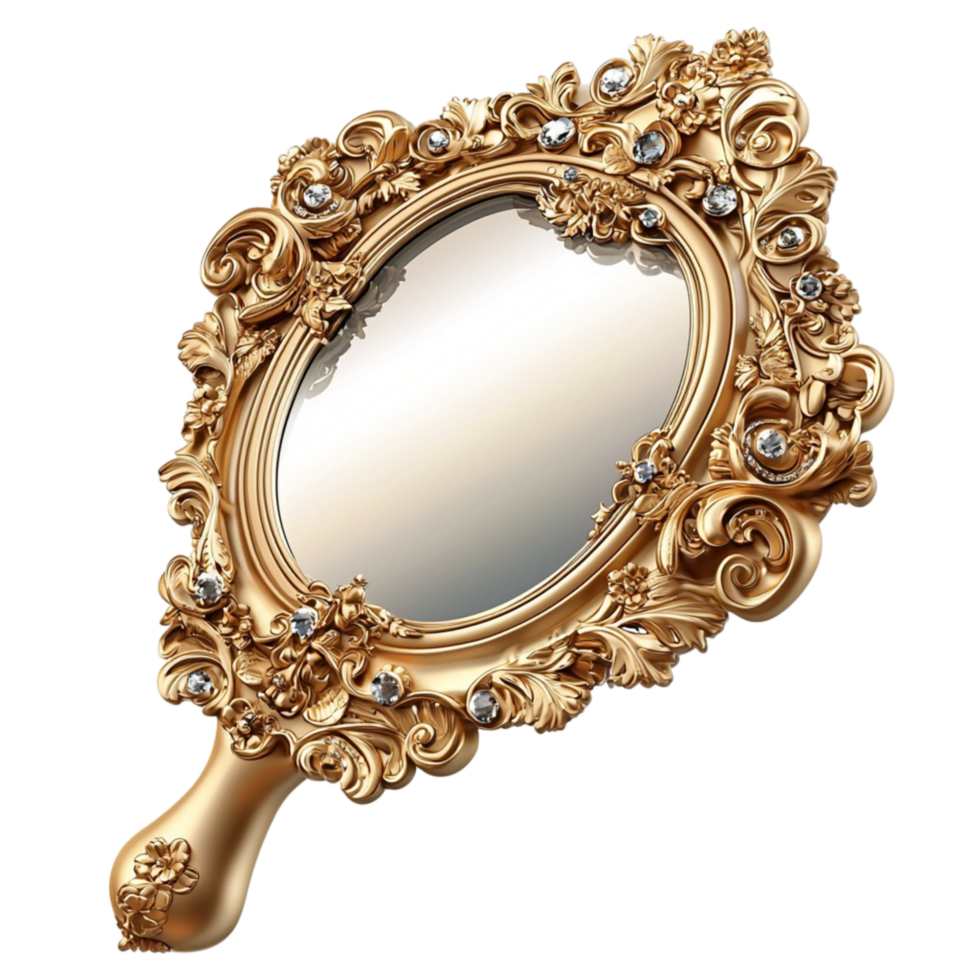 Vintage handheld mirror with an ornate golden floral frame png