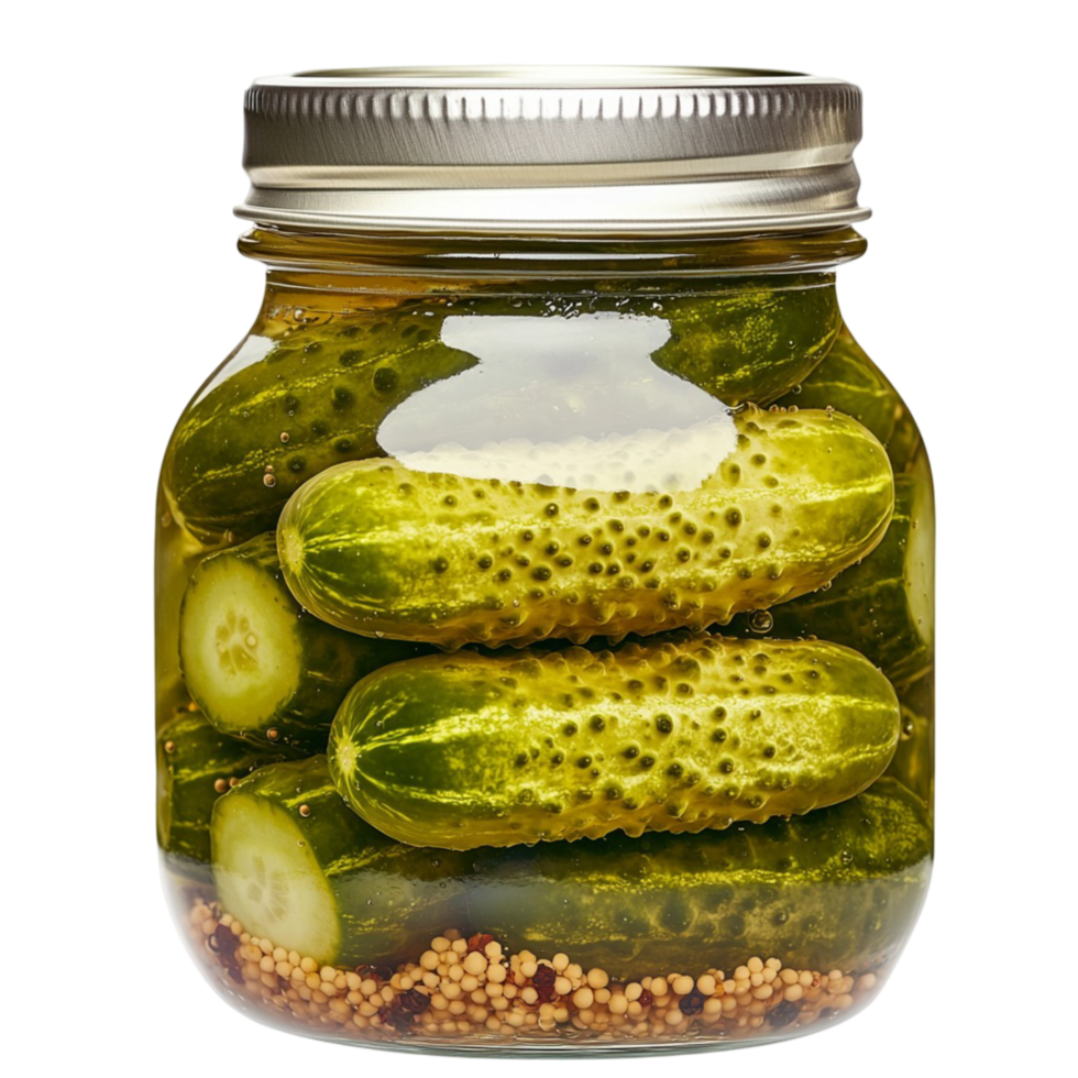 Glass jar packed with green pickles submerged in brine png