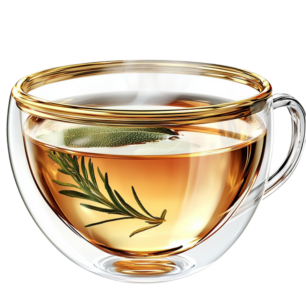 Glass cup of herbal tea with rosemary floating inside png