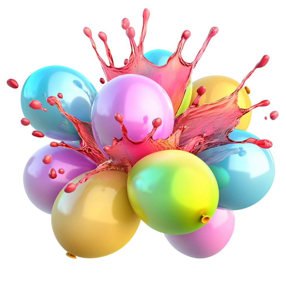 Vibrant cluster of colorful balloons bursting with splashes png