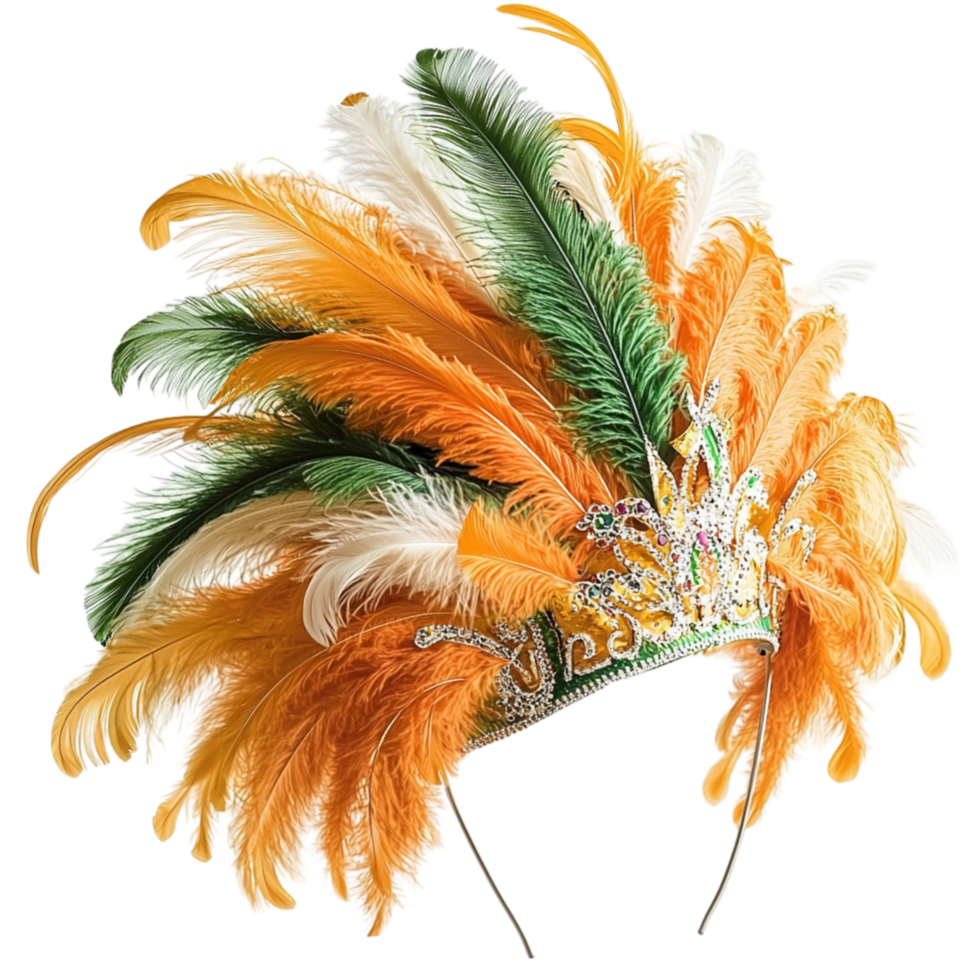 Colorful feathered carnival headdress with green orange and white plumes png