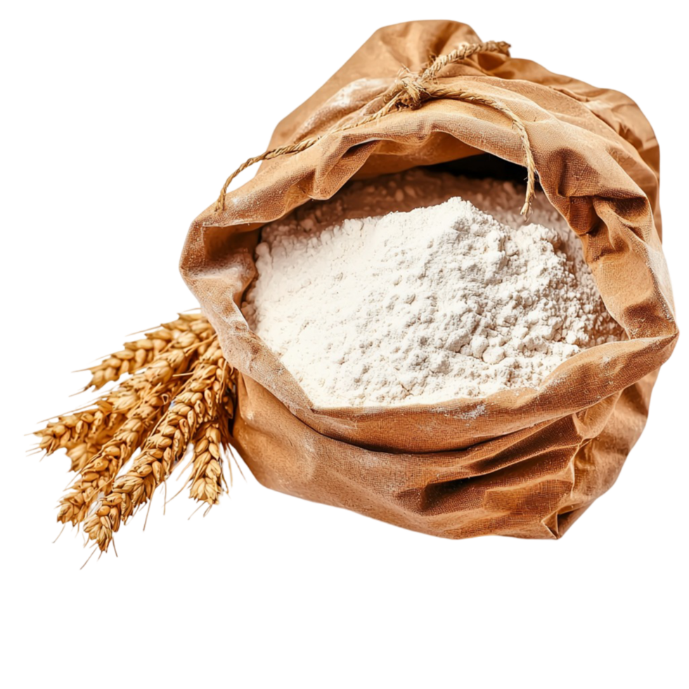 Rustic sack of white flour with golden wheat stalks png