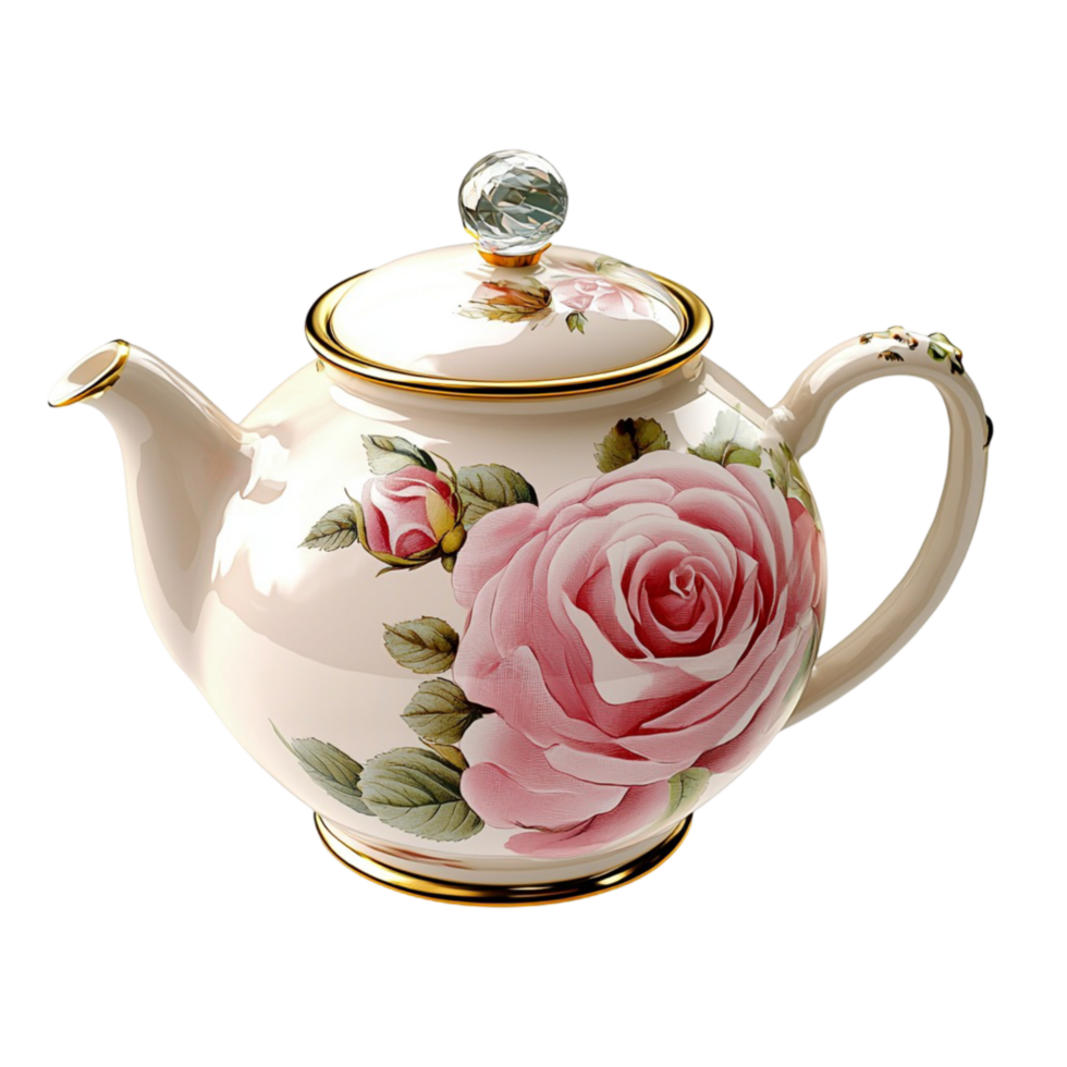 Vintage teapot with an intricate rose pattern and gold accents png