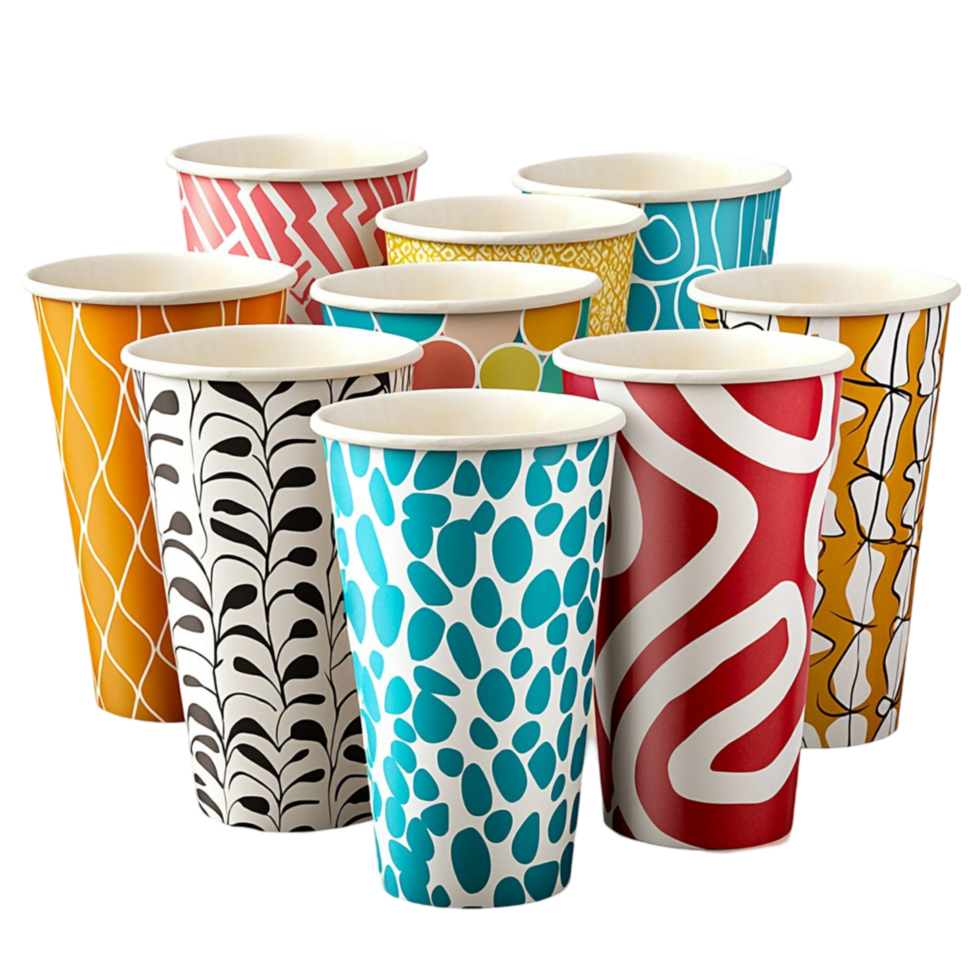 Vibrant assortment of colorful disposable cups with patterns png