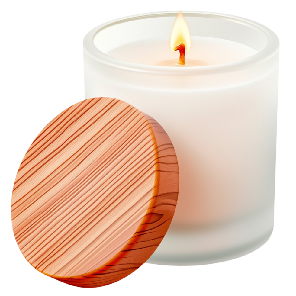 White scented candle in a glass jar with a wooden lid png