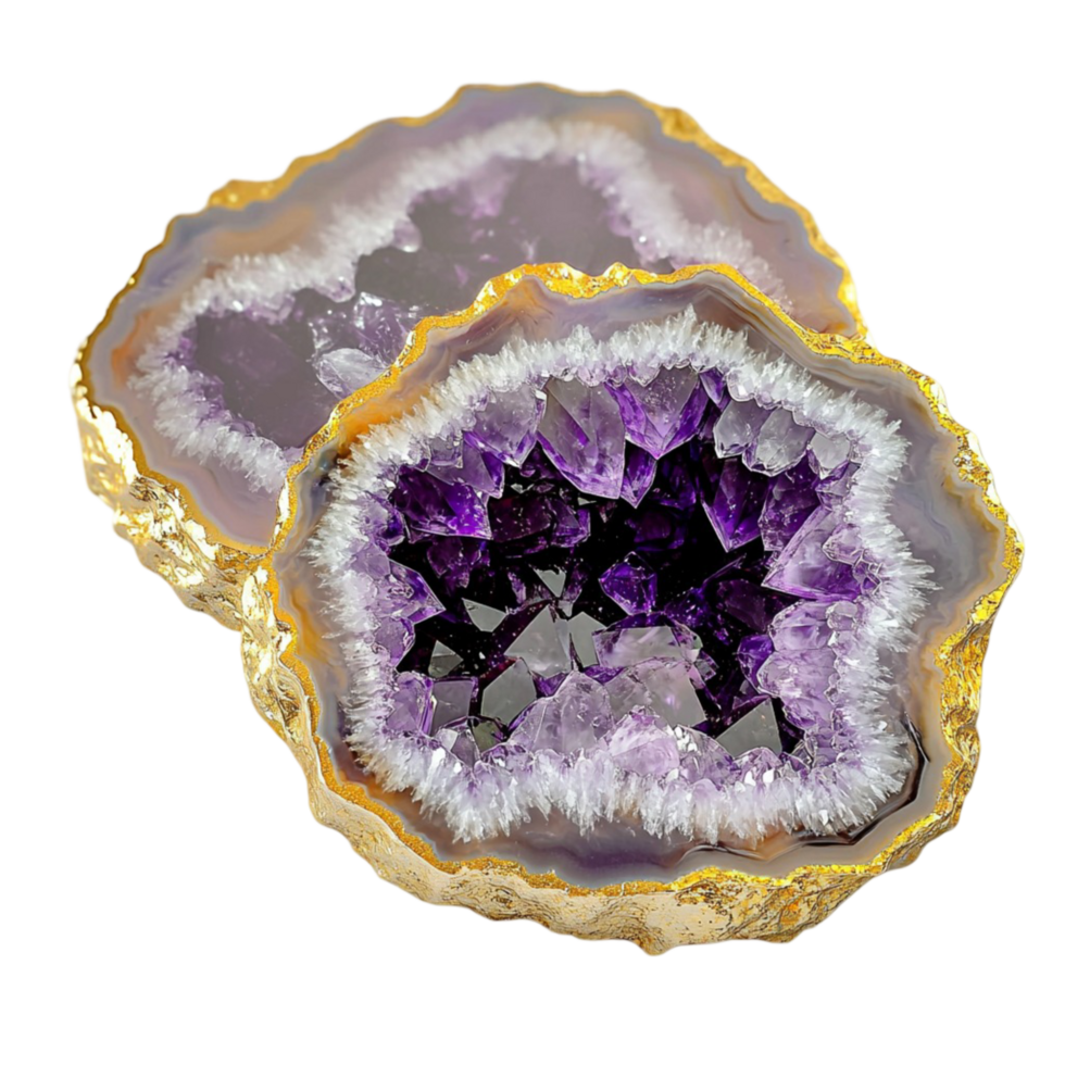 Stunning purple amethyst geode with a sparkling crystal interior png